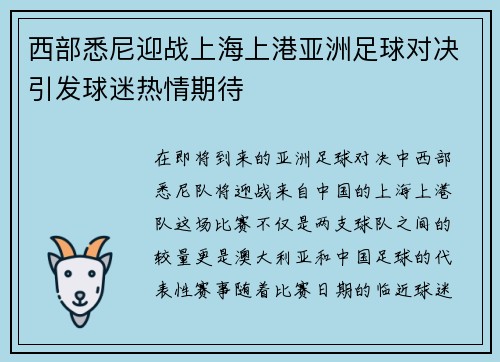 西部悉尼迎战上海上港亚洲足球对决引发球迷热情期待